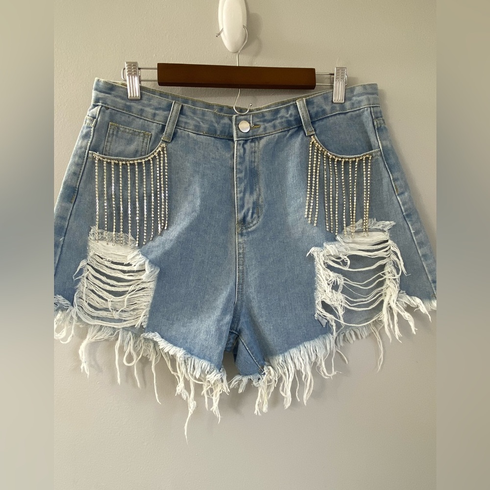 Rhinestone Fringe Distressed Denim Shorts in Light Wash, Women's Size Large